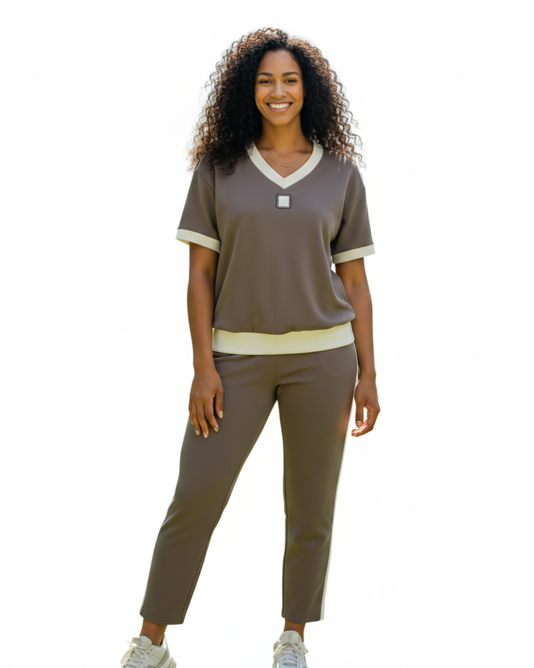 Conjunto elegante de top e calças com decote em V®