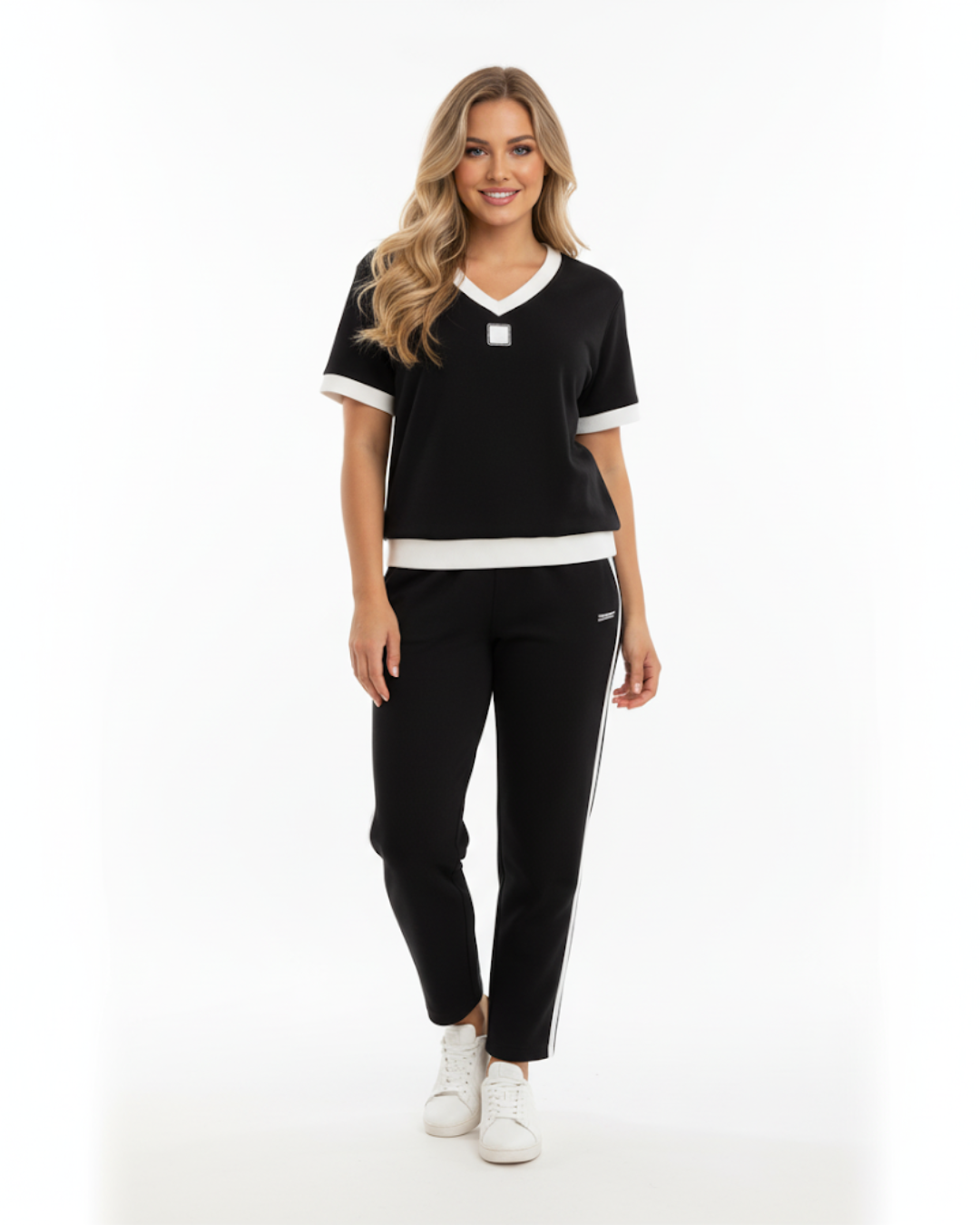 Conjunto elegante de top e calças com decote em V®
