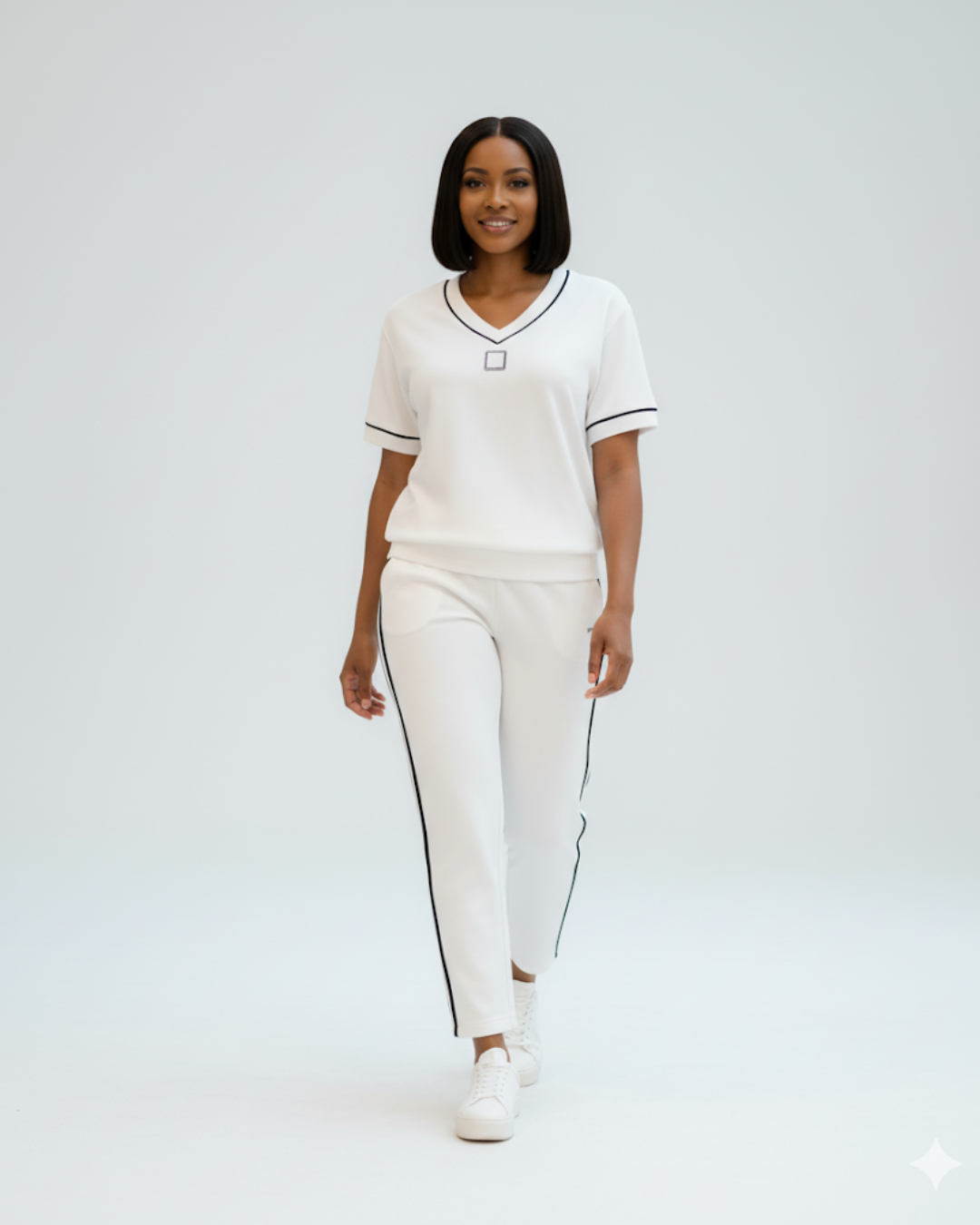 Conjunto elegante de top e calças com decote em V®