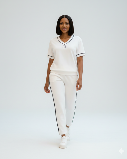 Conjunto elegante de top e calças com decote em V®